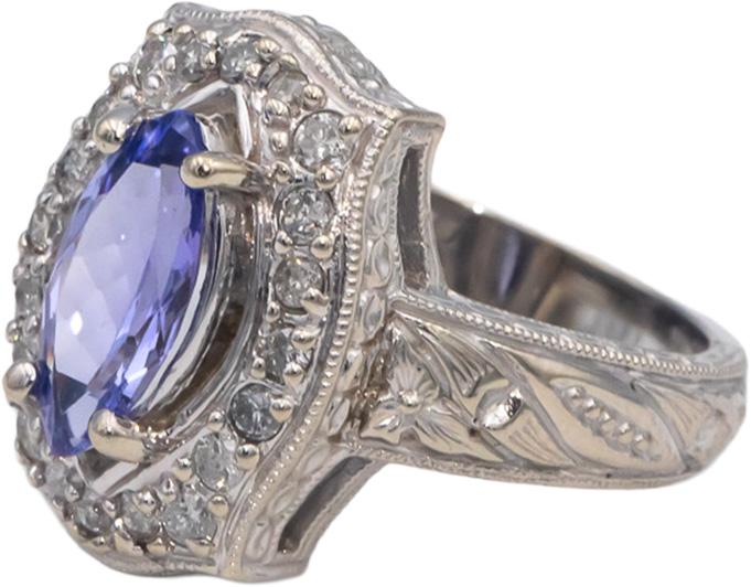 14k White Gold 1.65CT Diamond and Tanzanite Filigree Cocktail Ring Size 7