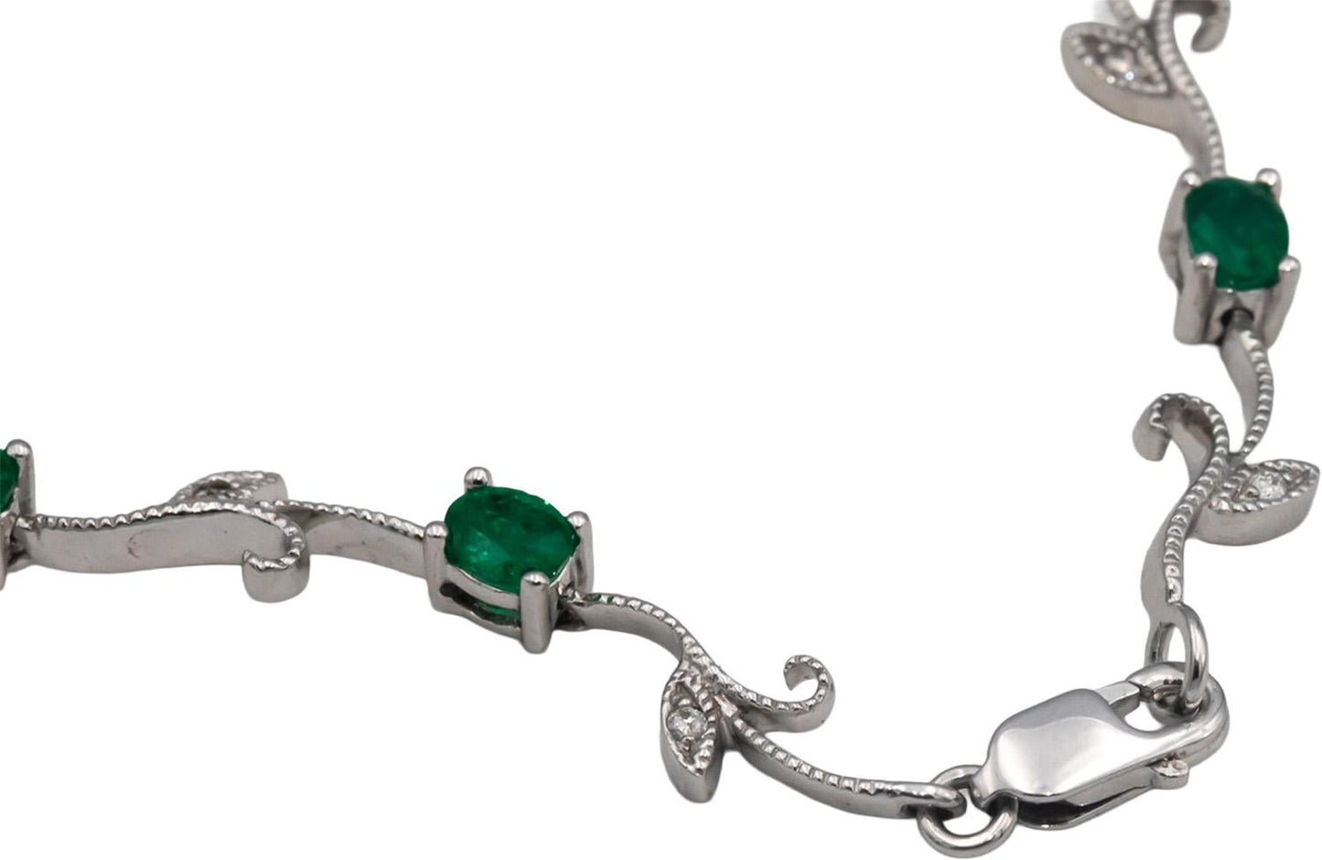 14k White Gold 1.56CT Diamond and Emerald Floral Link Bracelet