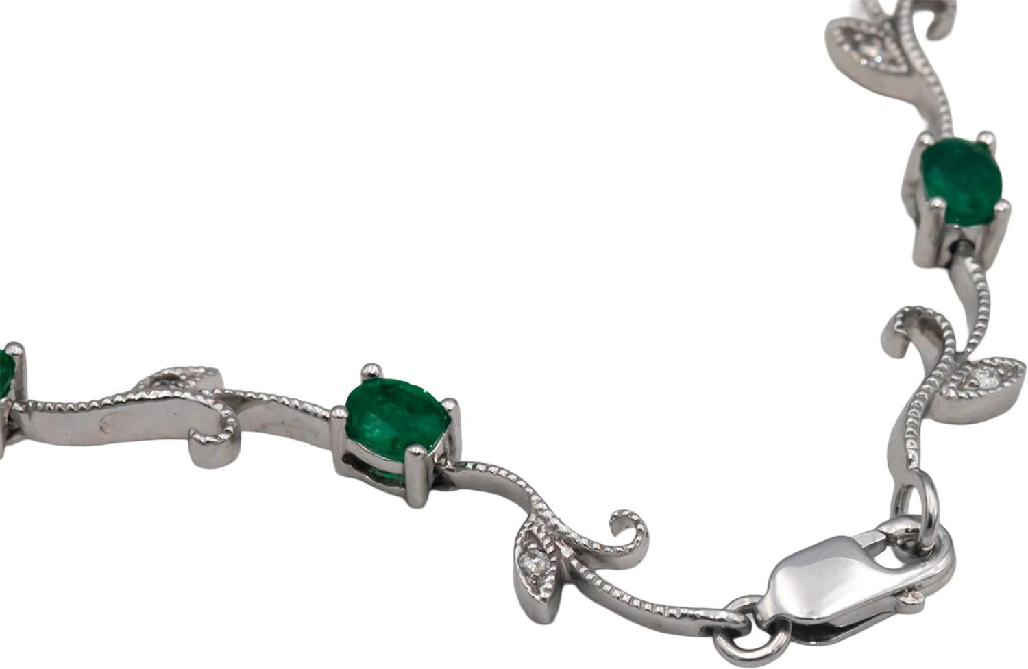 14k White Gold 1.56CT Diamond and Emerald Floral Link Bracelet
