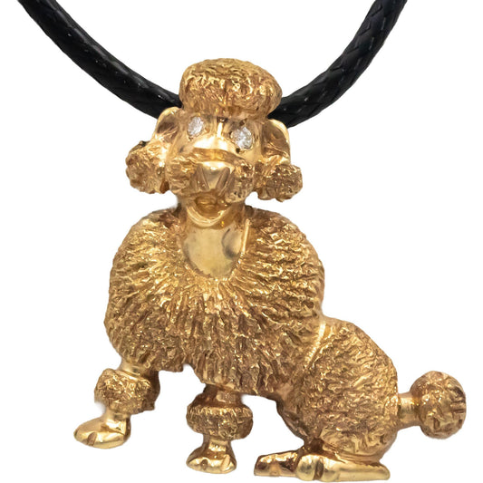 14k Yellow Gold 0.03CT Round Cut Diamond Textured Poodle Dog Pendant Necklace