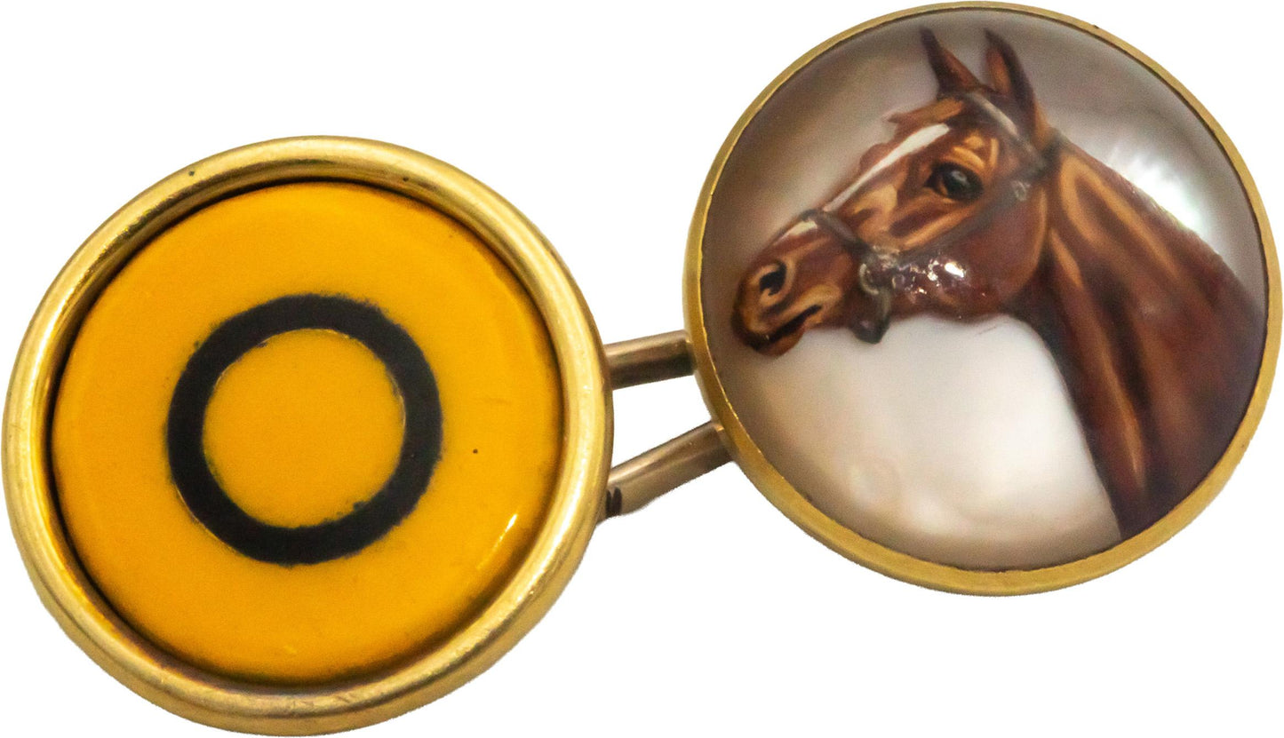 Vintage 18k Yellow Gold Lenox Reverse Crystal Enamel Horsehead Cuff Links