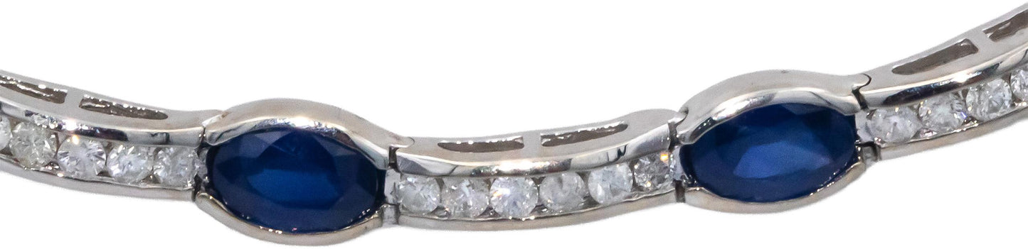 14k White Gold Round Diamond and Oval Sapphire Fancy Link Necklace 7.0CT