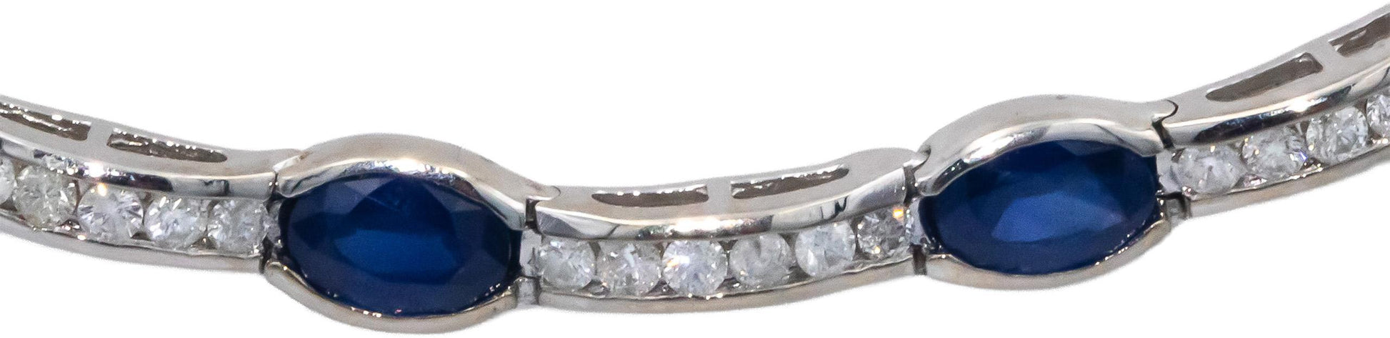 14k White Gold Round Diamond and Oval Sapphire Fancy Link Necklace 7.0CT