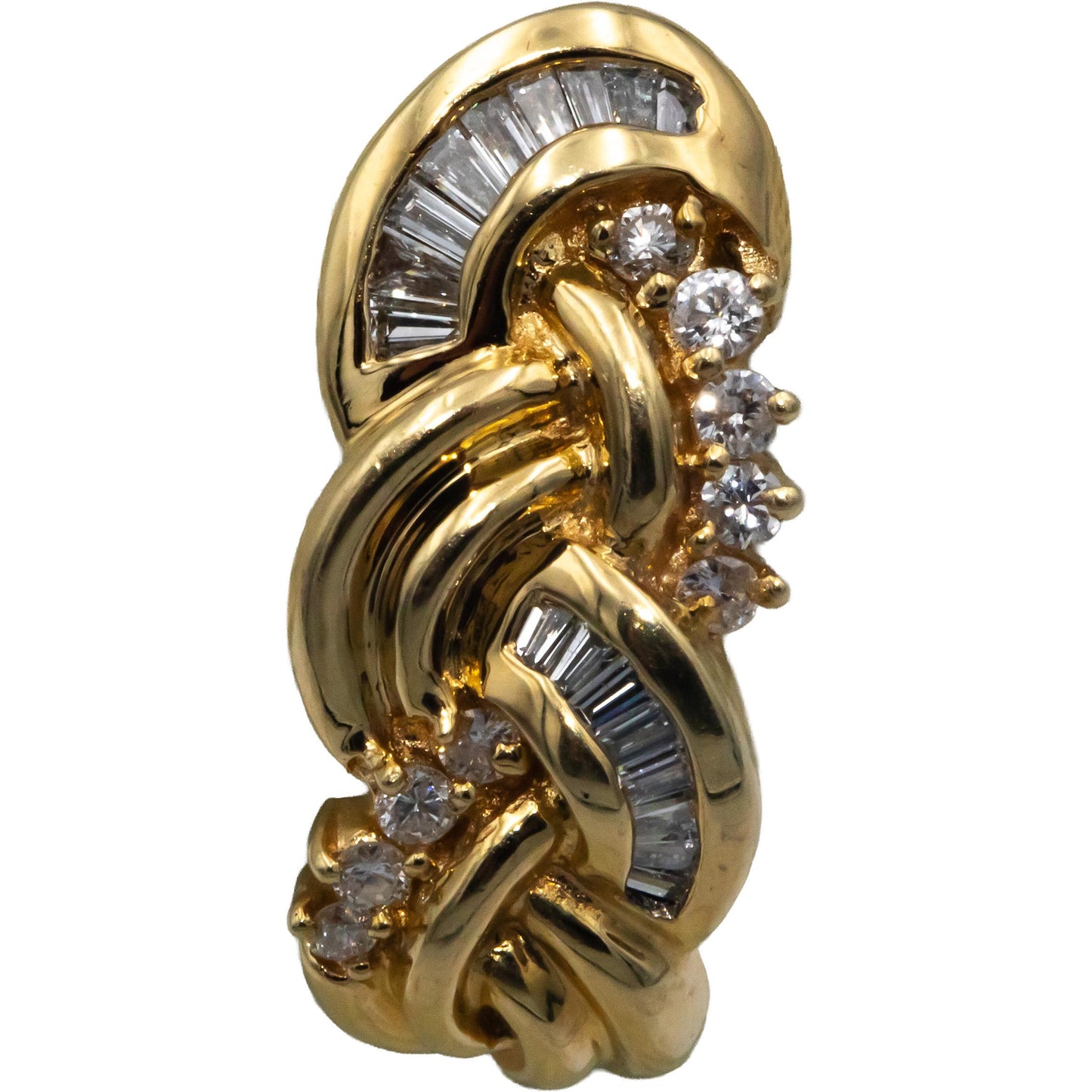 14k Yellow Gold 1.0CT Round & Baguette Cut Diamond Twisted Curved Earrings
