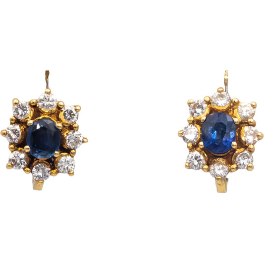 18k Yellow Gold Jewelry 2.25CT Round Diamond and Oval Blue Sapphire Earrings