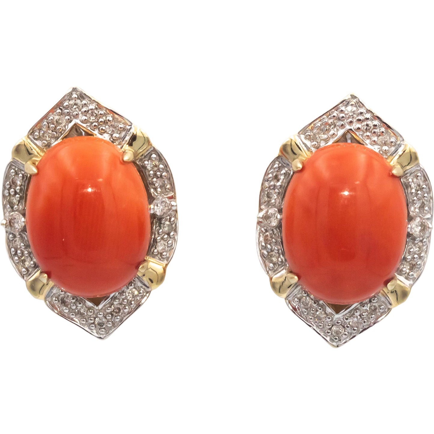 14k Yellow Gold 10.30CT Round Diamond and Cabochon Coral Earrings