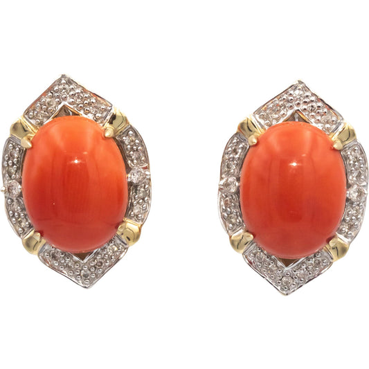 14k Yellow Gold 10.30CT Round Diamond and Cabochon Coral Earrings