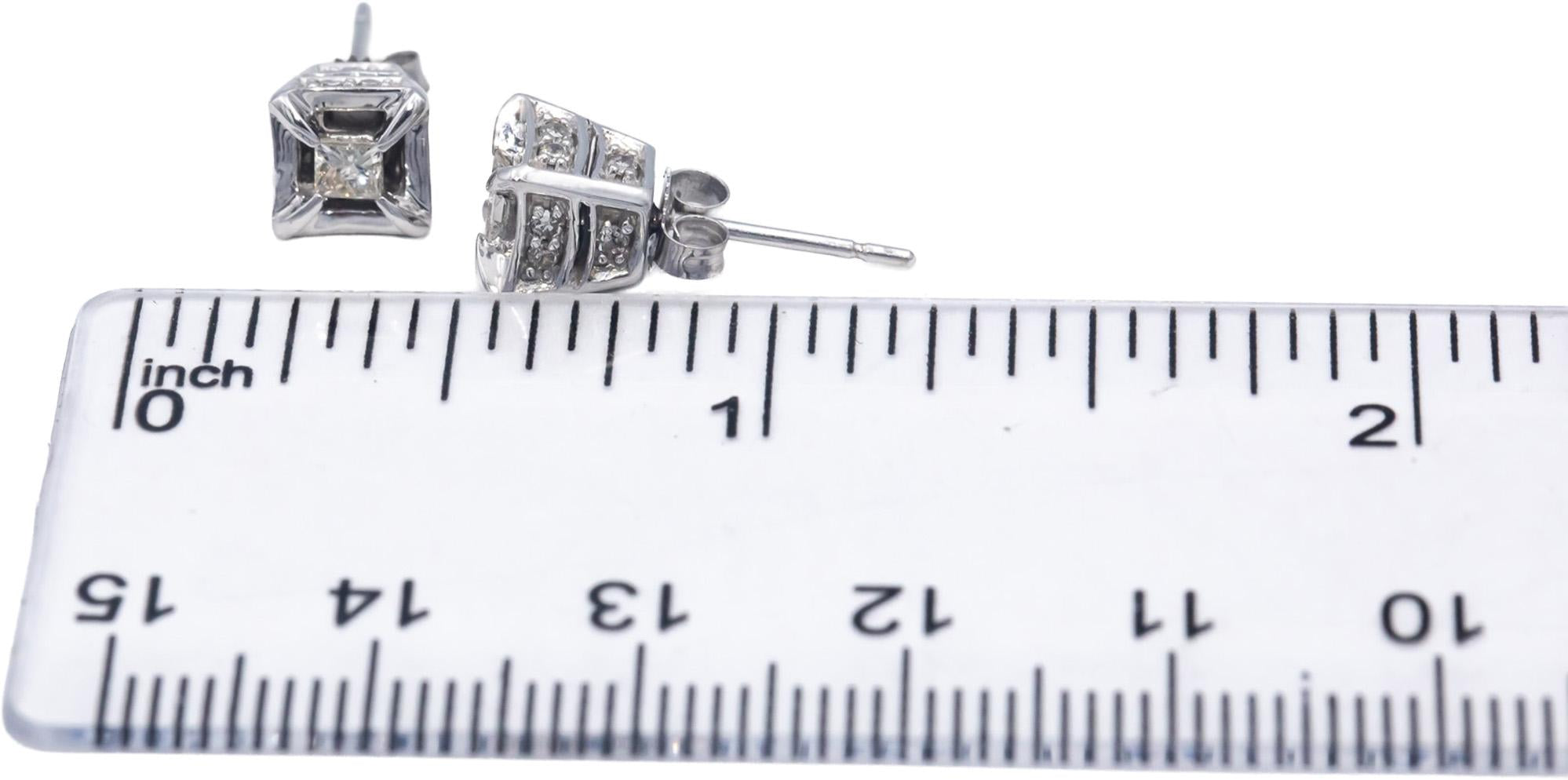 10k White Gold Princess and Round Diamond Stud Earrings 0.50CT
