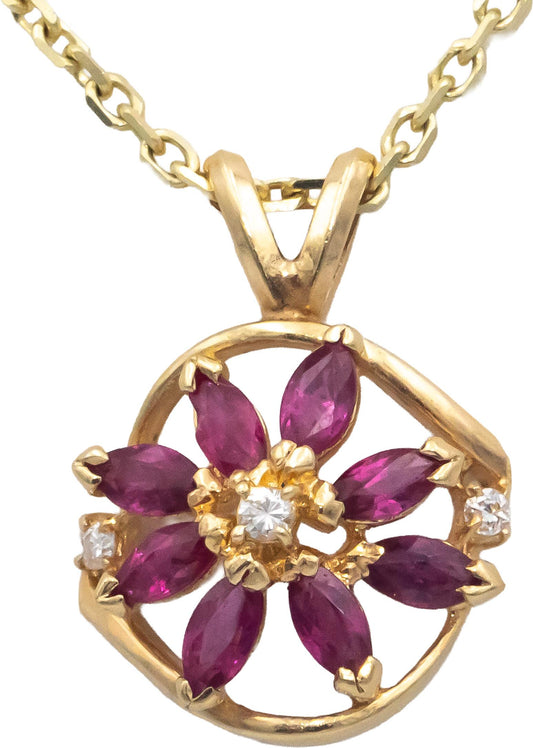 14k Yellow Gold .52CT Diamond and Ruby Floral Pendant Chain Necklace