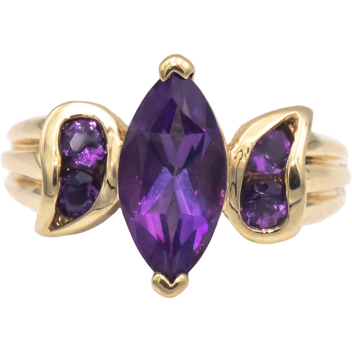 10k Yellow Gold Jewelry 2.0CT Marquise and Round Amethyst Cocktail Ring Size 6