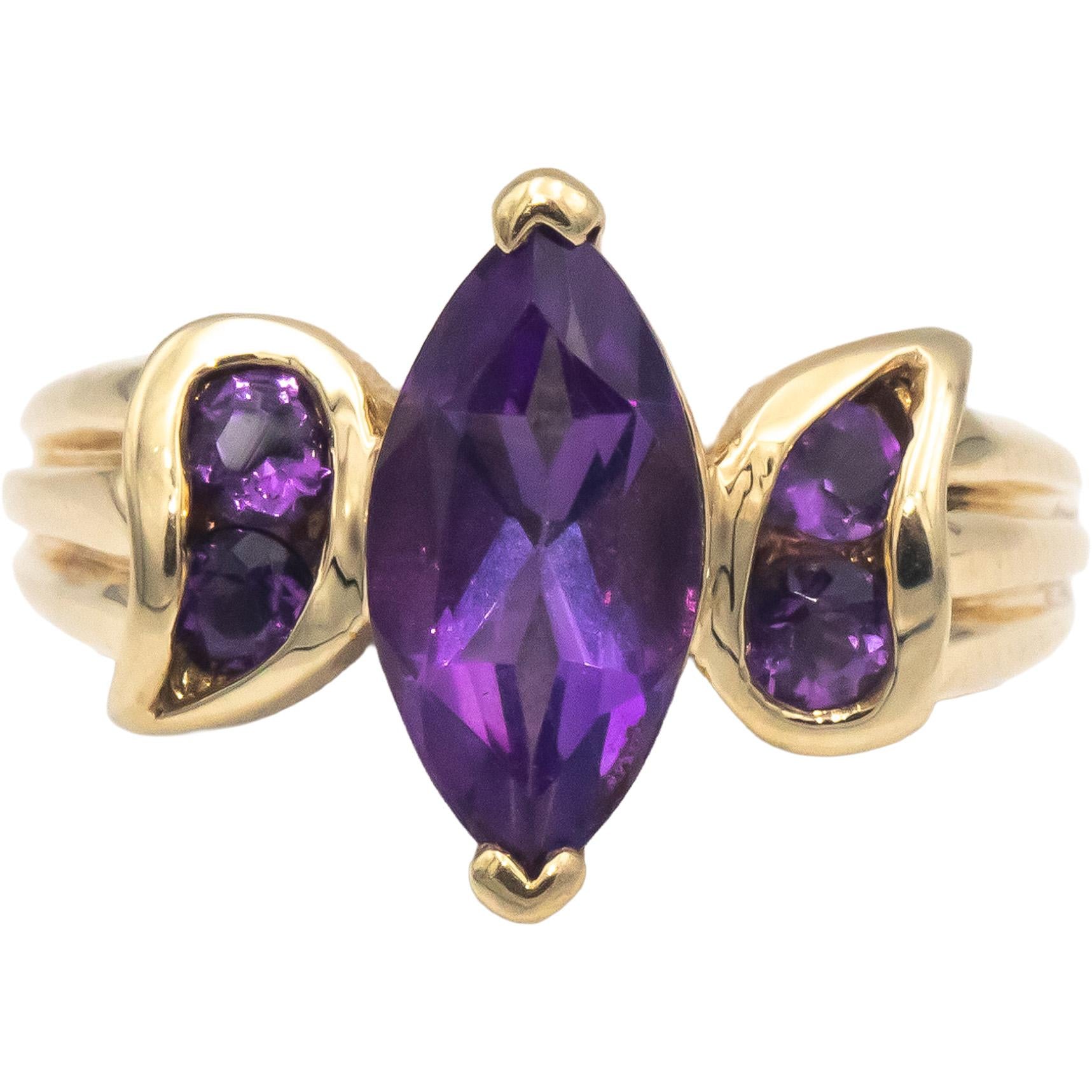 10k Yellow Gold Jewelry 2.0CT Marquise and Round Amethyst Cocktail Ring Size 6