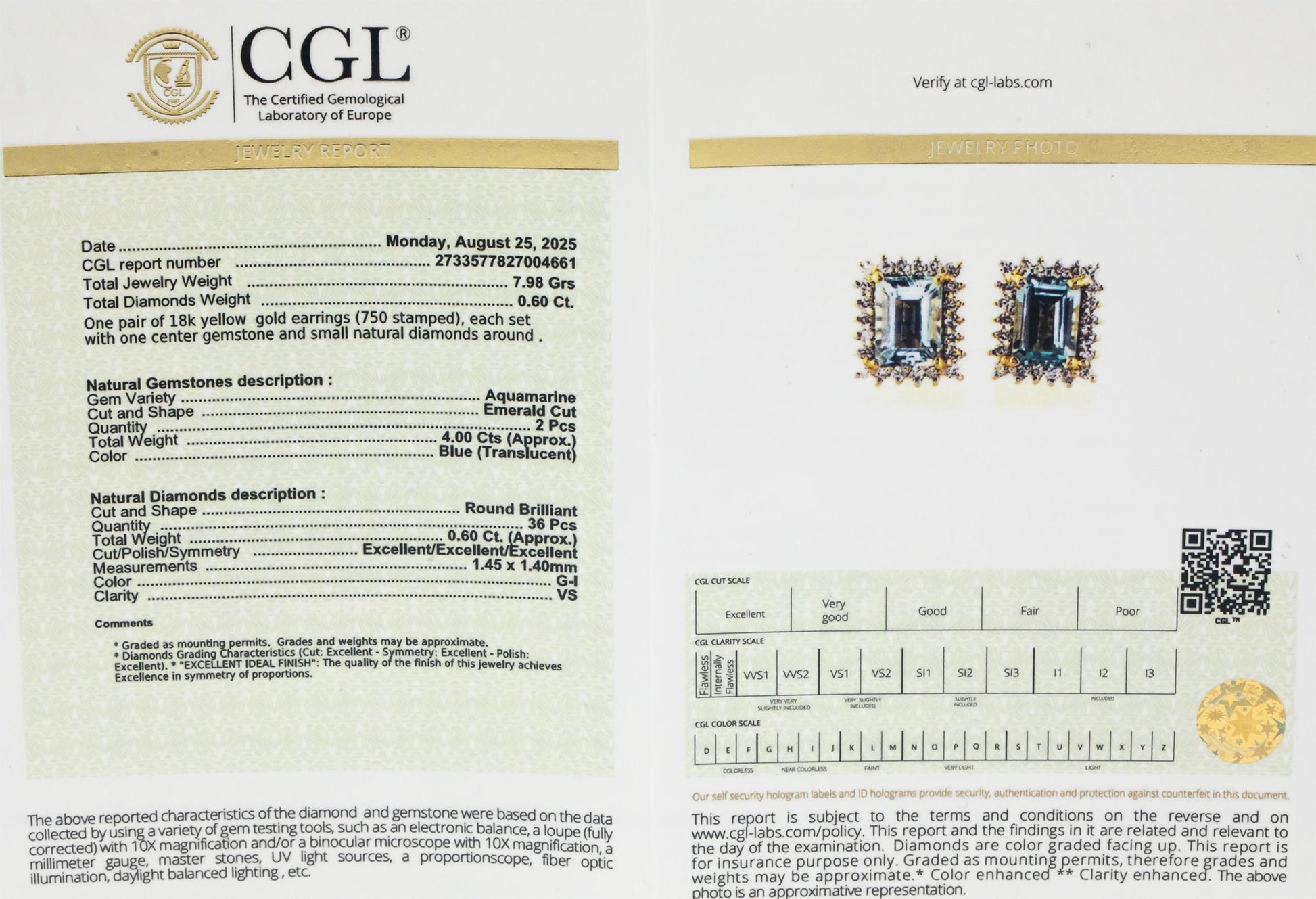 CGL Certified 10k Yellow Gold Diamond and Aquamarine Halo Stud Earrings 5.45CT