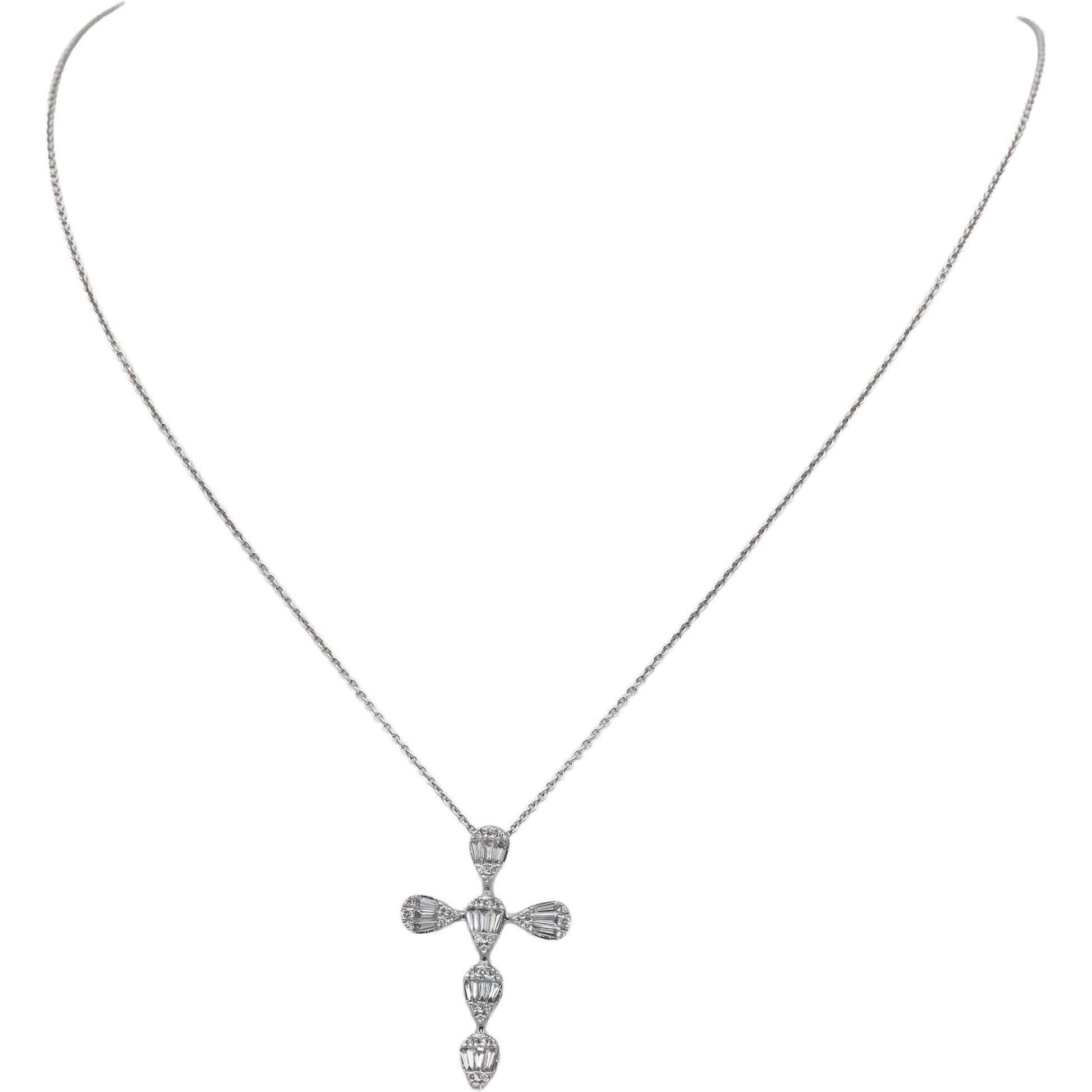 18k White Gold VS Round & Baguette Diamond Cross Crucifix Pendant Necklace .42CT