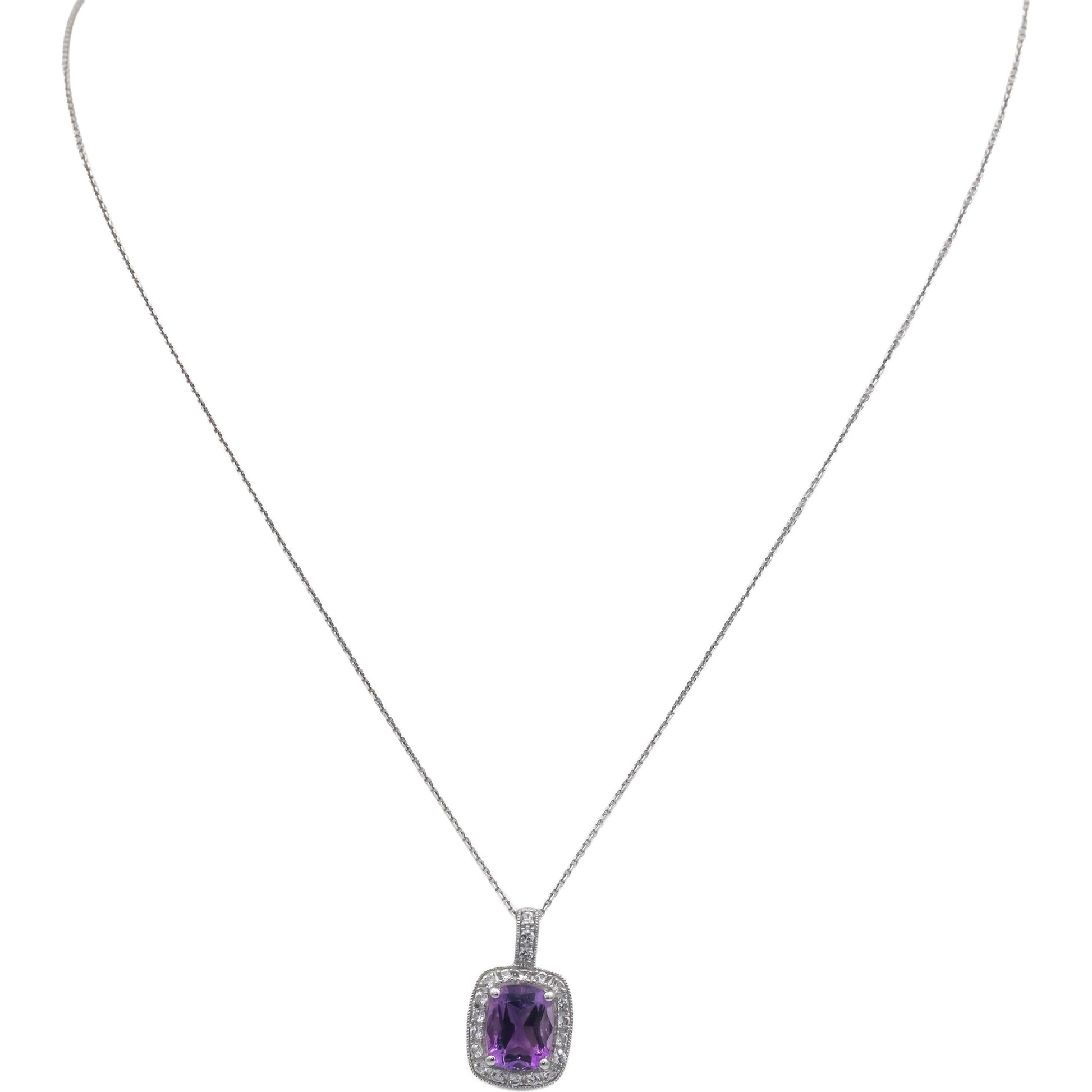 14k White Gold 2.35CT Amethyst and White Topaz Halo Pendant Necklace Chain