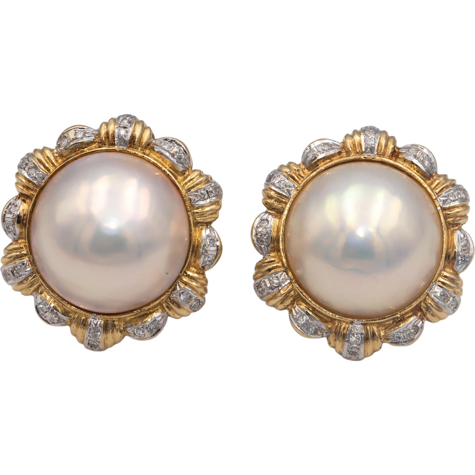 14k White and Yellow Gold 0.25CT Diamond and 16.8-17.0mm Mabe Pearl Earrings