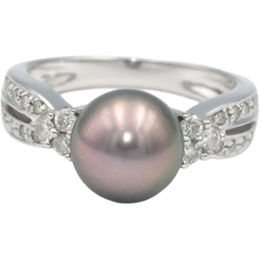 14k White Gold 0.25CT Diamond & 9mm Black Tahitian Pearl Cocktail Ring Size 7.25