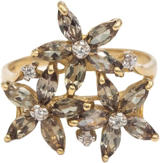 White Topaz & Peridot 9k Yellow Gold Flower Cocktail Ring 1.05CT Size 7