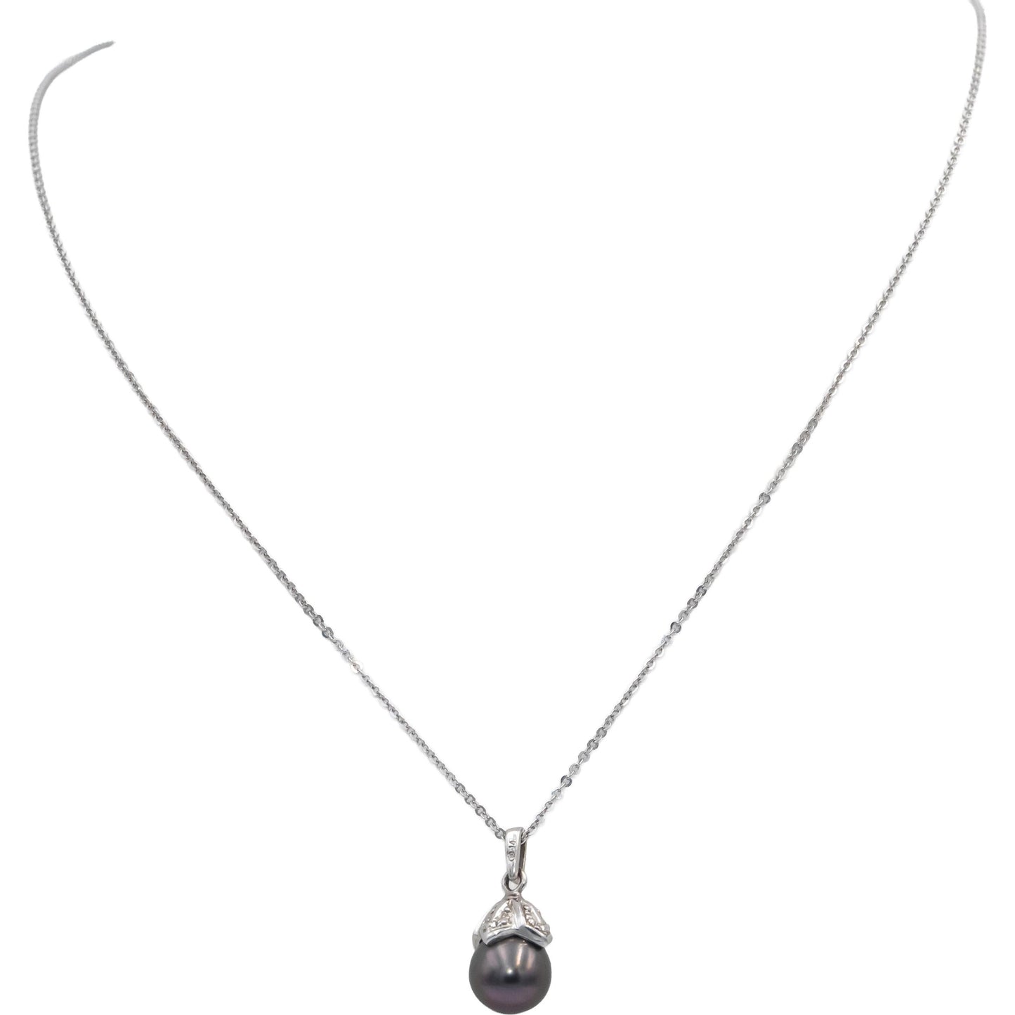 14k White Gold Jewelry 8.0mm Black Pearl Pendant Necklace Chain