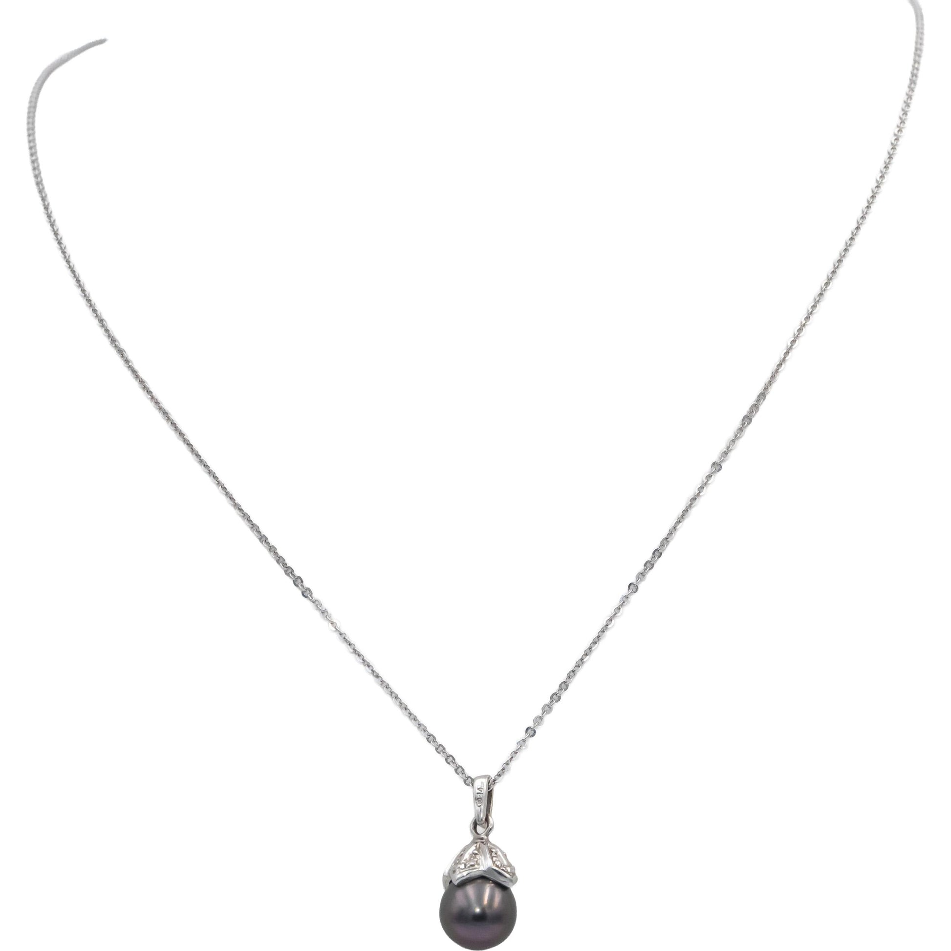 14k White Gold Jewelry 8.0mm Black Pearl Pendant Necklace Chain