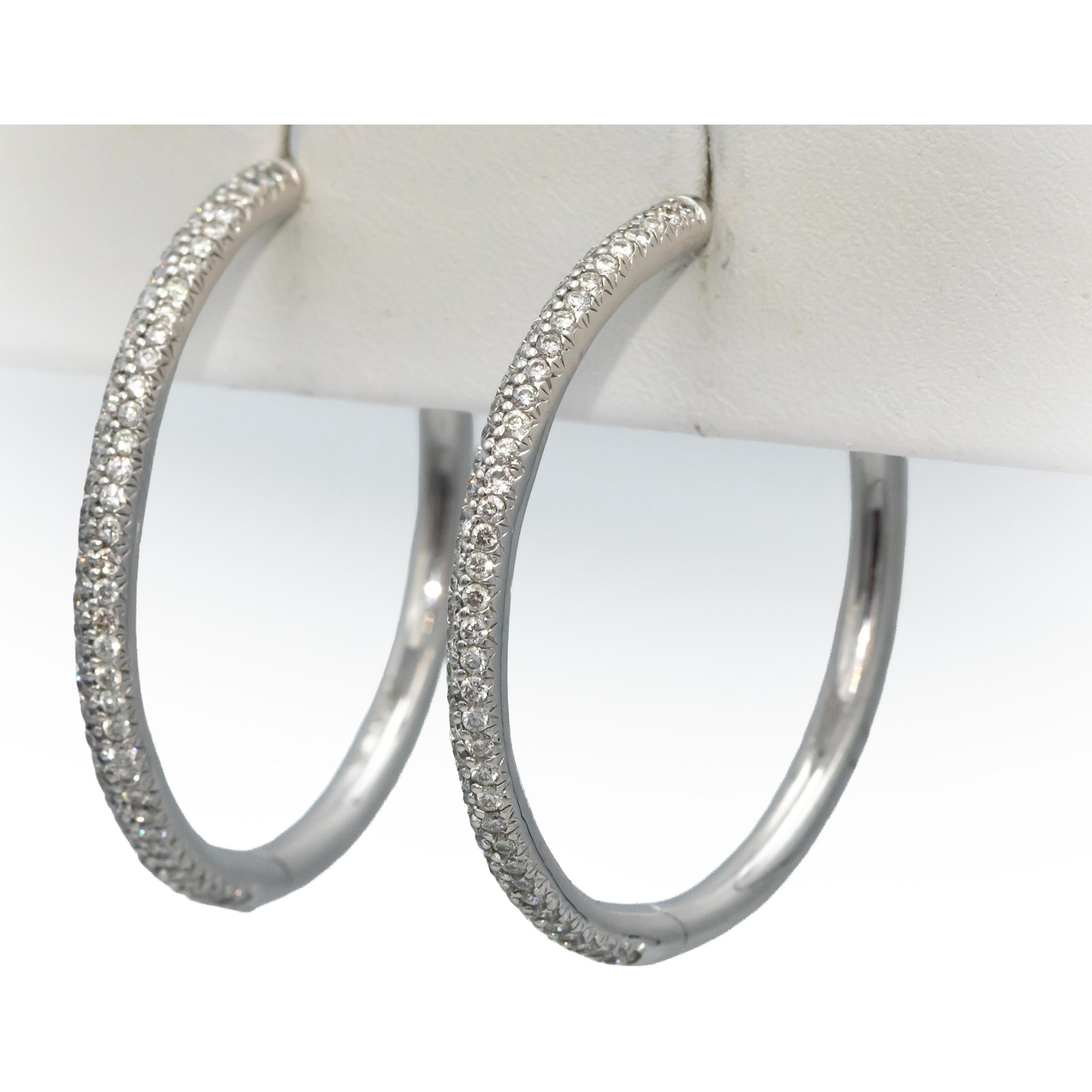 18k White Gold Round Diamond Pave Two-Row Hoop Earrings 1.78CT