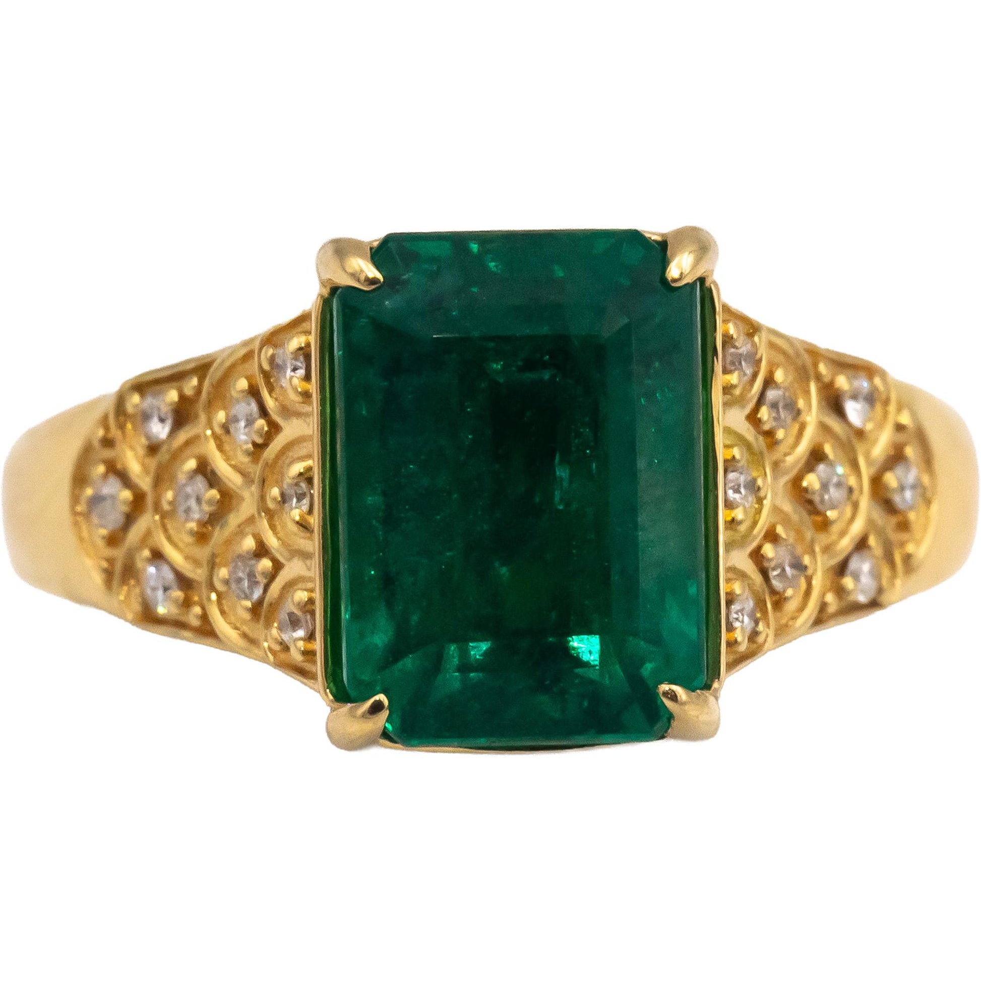 GIA Certified 18k Yellow Gold Emerald and Diamond Cocktail Ring 5.10CT Size 7.25
