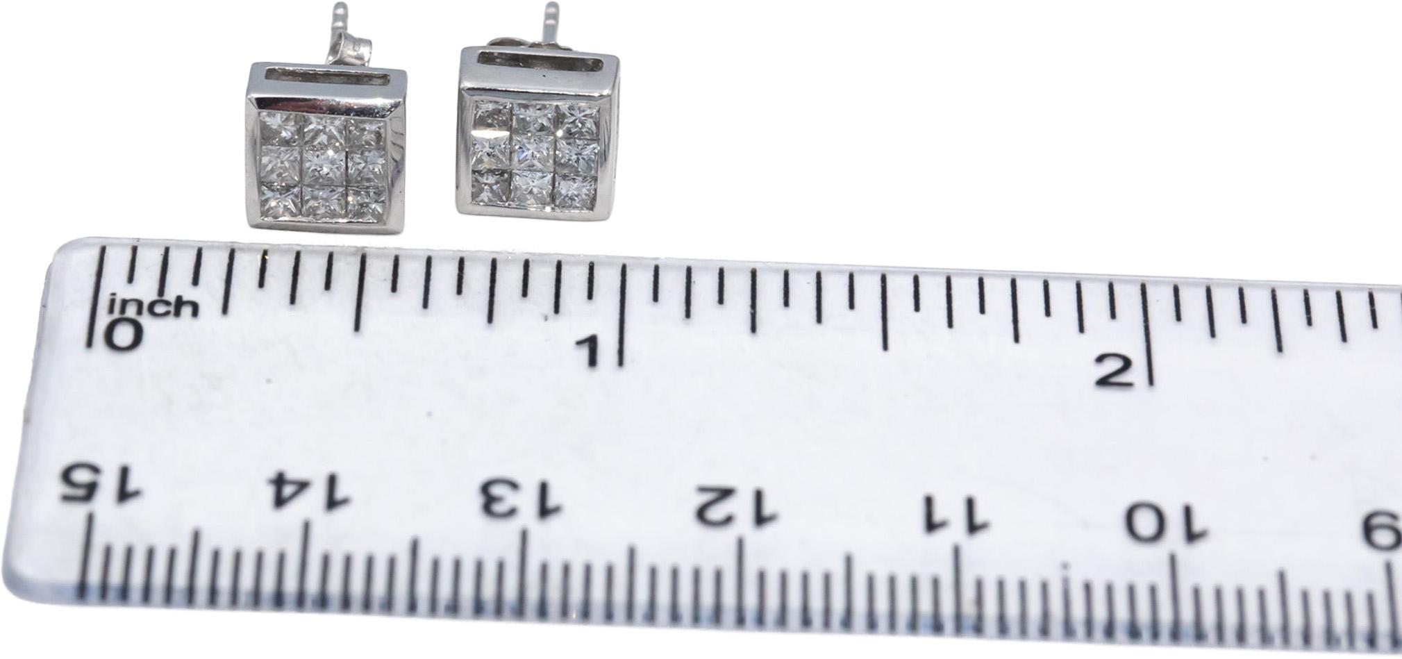 10k White Gold Princess Cut Diamond Cluster Square Stud Earrings 1.0CT