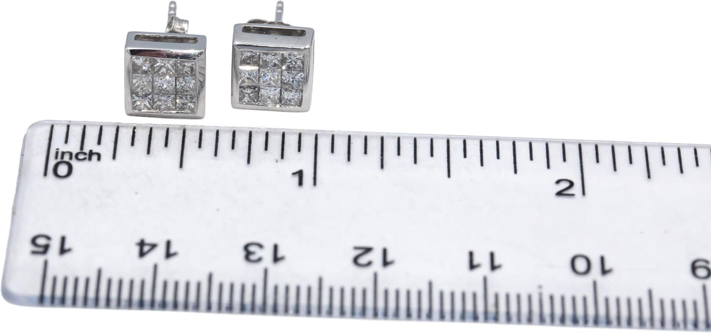 10k White Gold Princess Cut Diamond Cluster Square Stud Earrings 1.0CT
