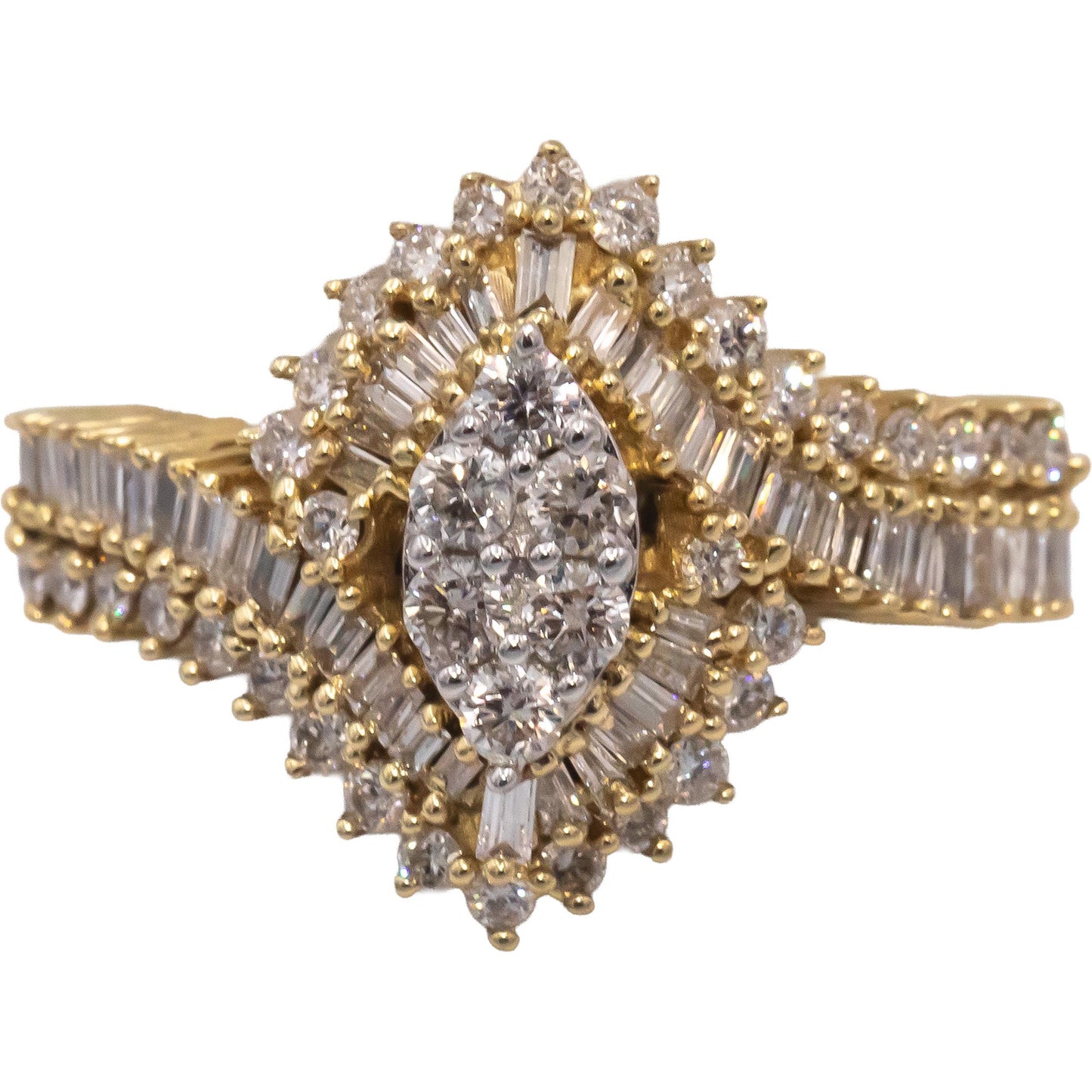 10k Yellow Gold Round & Baguette Cut Diamond Marquise Shaped Ring 1.0CT Size 7
