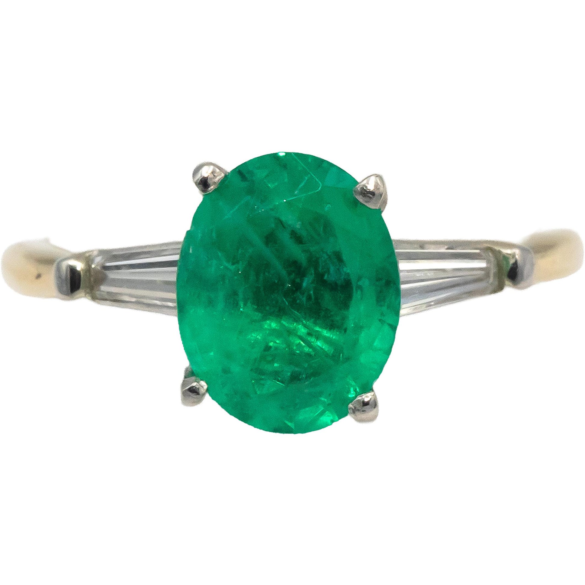 Oval Emerald & Baguette Cut Diamond 14k Yellow White Gold Ring 1.76CT Size 5.75