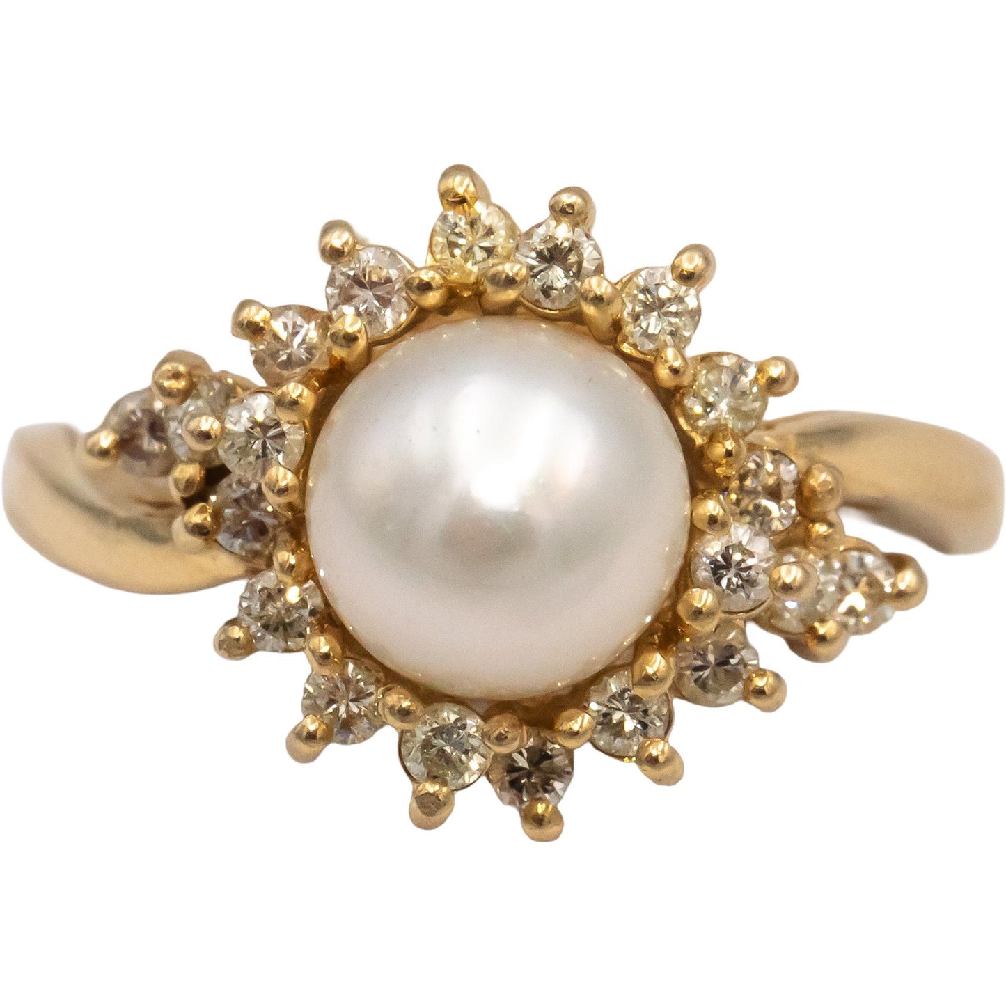 14k Yellow Gold Round Diamond & 8mm Pearl Cocktail Ring Size 9.5
