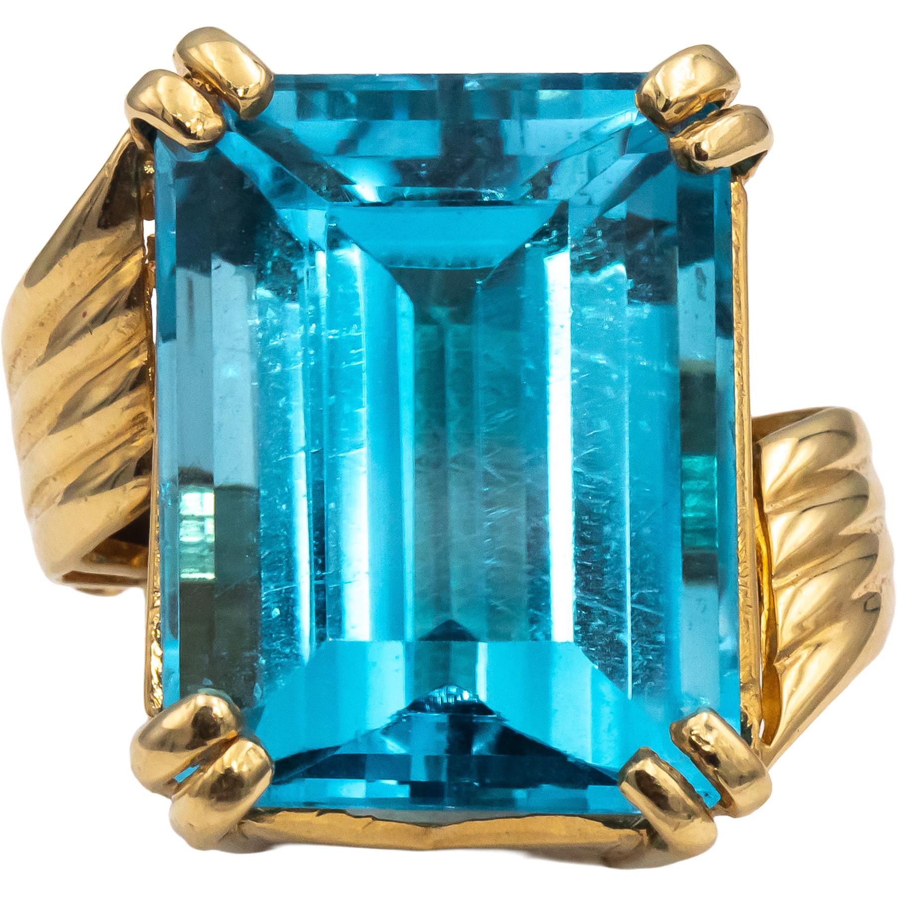 14k Yellow Gold Emerald Cut Blue Topaz Solitaire Cocktail Ring 42.0CT Size 7.5
