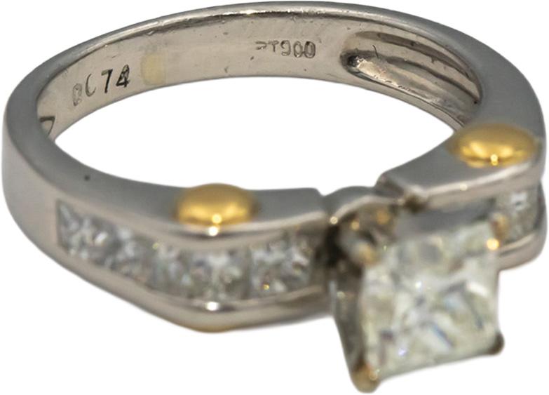 Platinum & 18k Gold Princess Cut Diamond Engagement Ring 1.14CT w/ 0.74CT Center