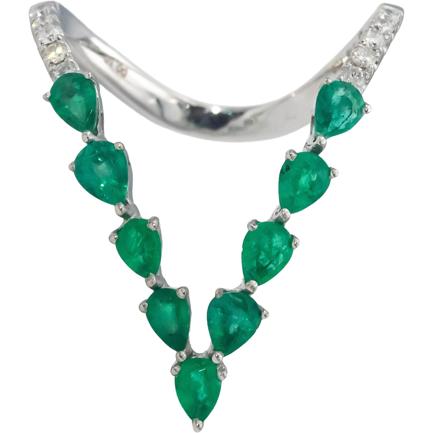 18k White Gold Pear Emerald Round Diamond V-Shaped Band Ring 0.80CT Size 7