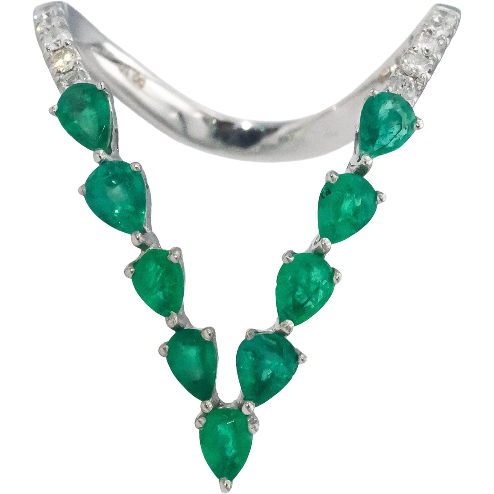18k White Gold Pear Emerald Round Diamond V-Shaped Band Ring 0.80CT Size 7
