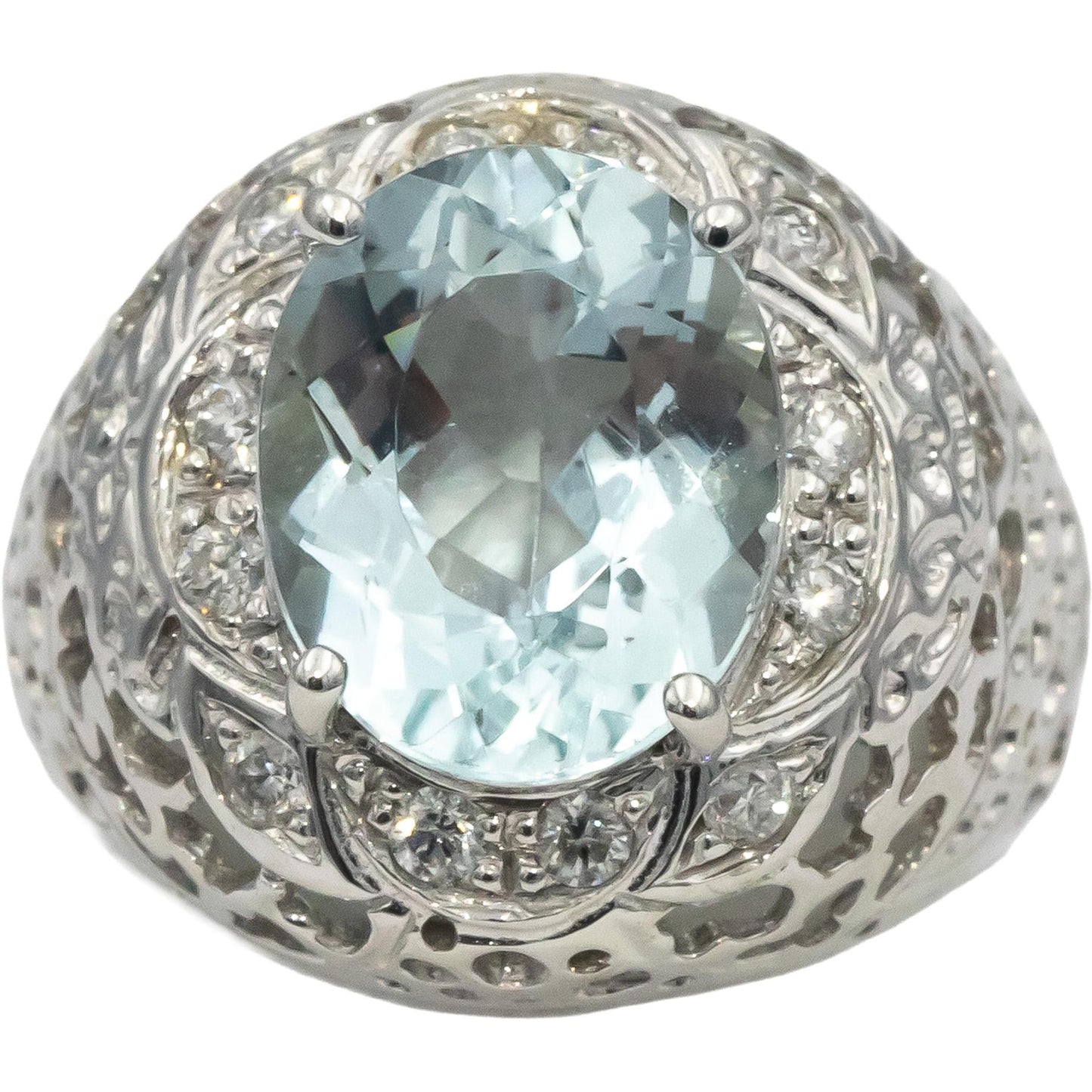14k White Gold Oval Cut Aquamarine Round Diamond Cocktail Ring 4.70CT Size 7.75