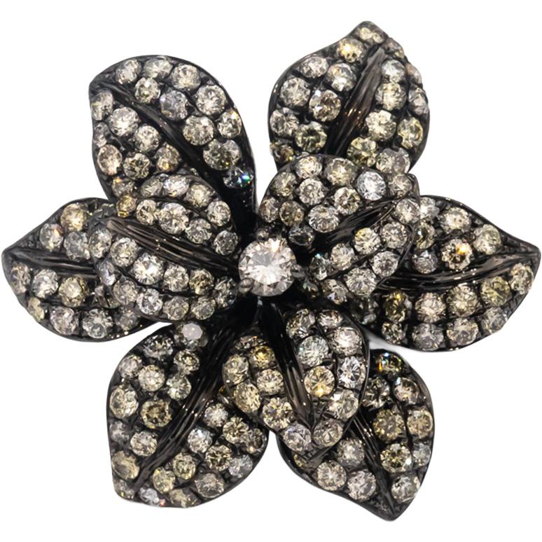 14k Black Gold Round Diamond Jumbo Flower Cocktail Ring 2.50CT Size 6.5