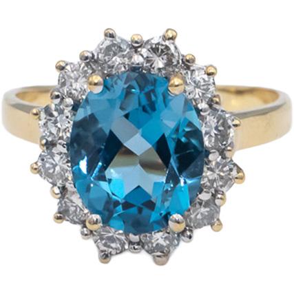 14k Yellow & White Gold Oval Blue Topaz Round VS Diamond Halo Ring 3.65CT Sz. 8