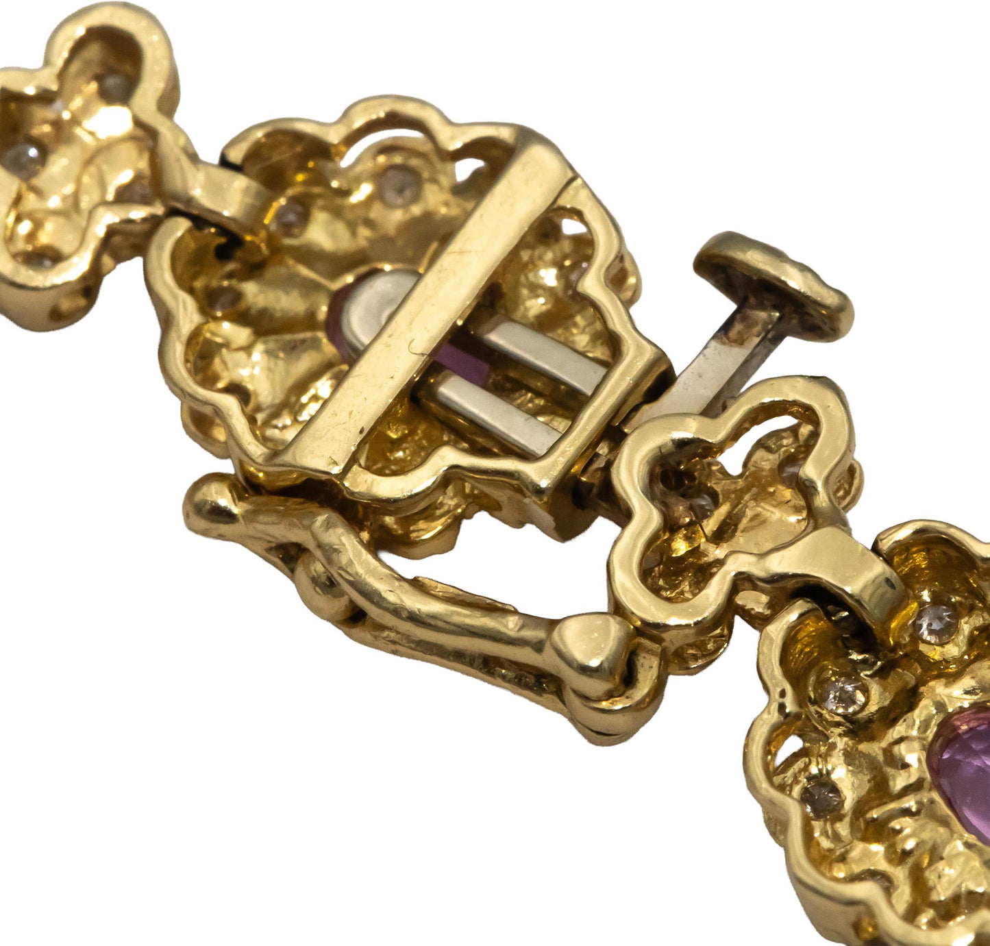 14k Yellow Gold Oval Pink Sapphire Round Diamond Floral Link Bracelet 4.50CTW