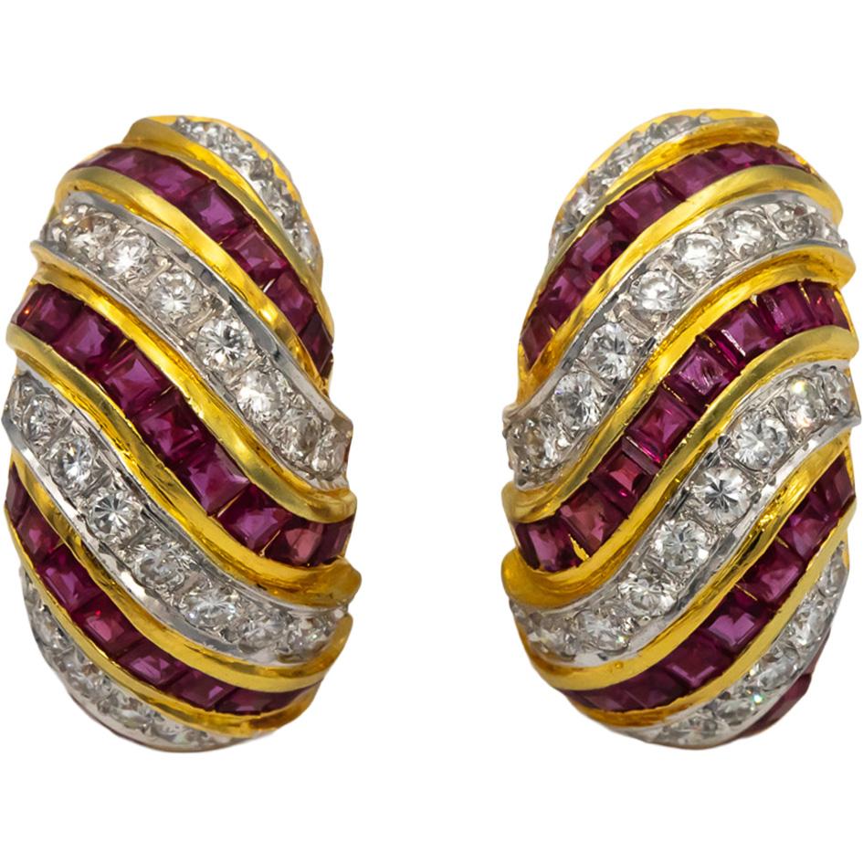 18k Yellow & White Gold VS Round Diamond Square Ruby Curved Earrings 3.0CTW