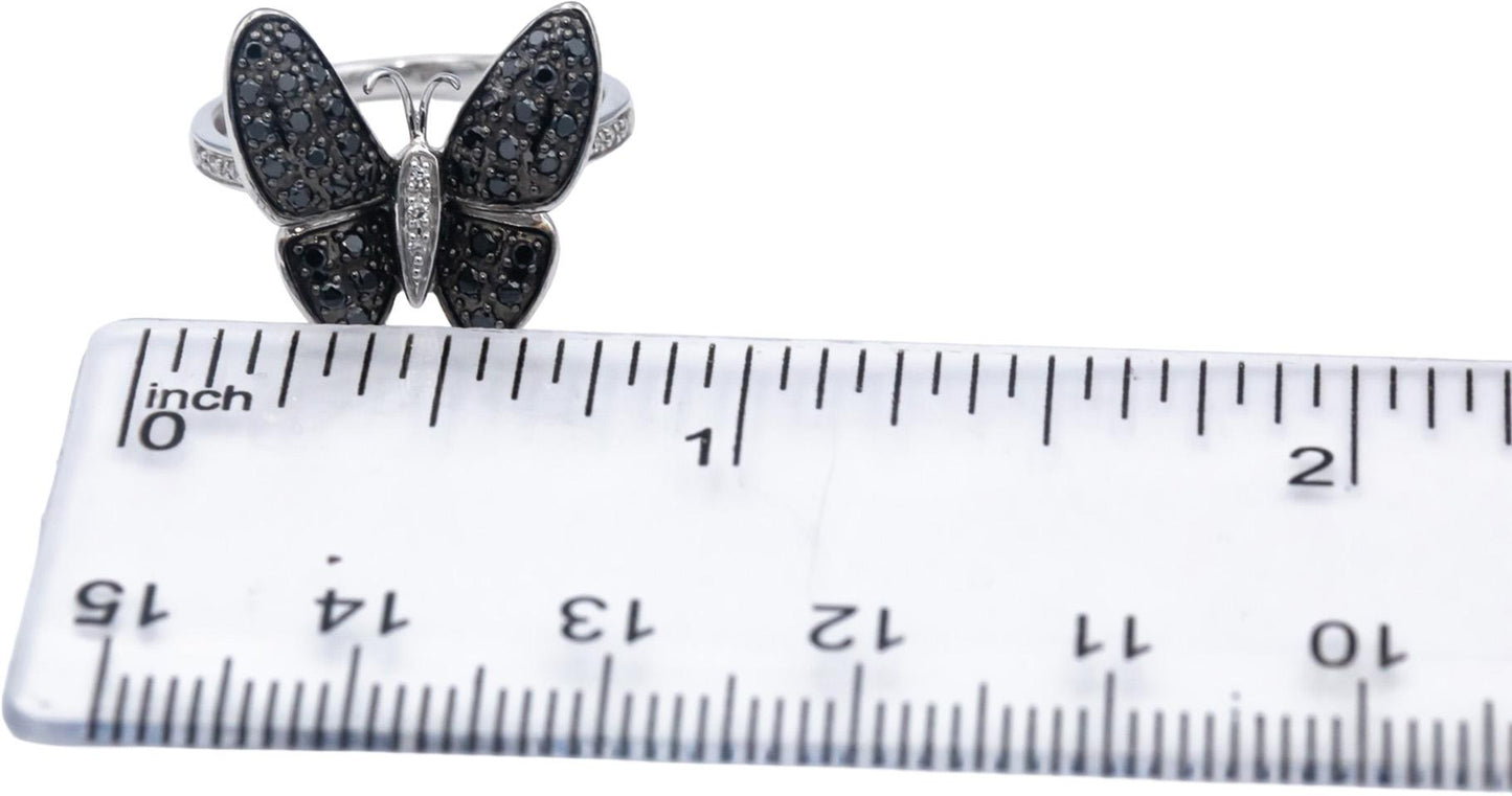 14k White Gold White & Black Diamond Cluster Butterfly Ring 0.35CT Size 6.5