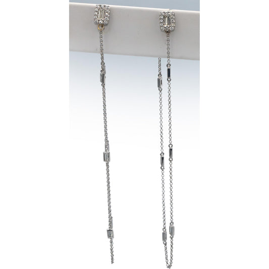 18k White Gold Round & Baguette Cut Diamond By The Yard Dangle Earrings .70CTW