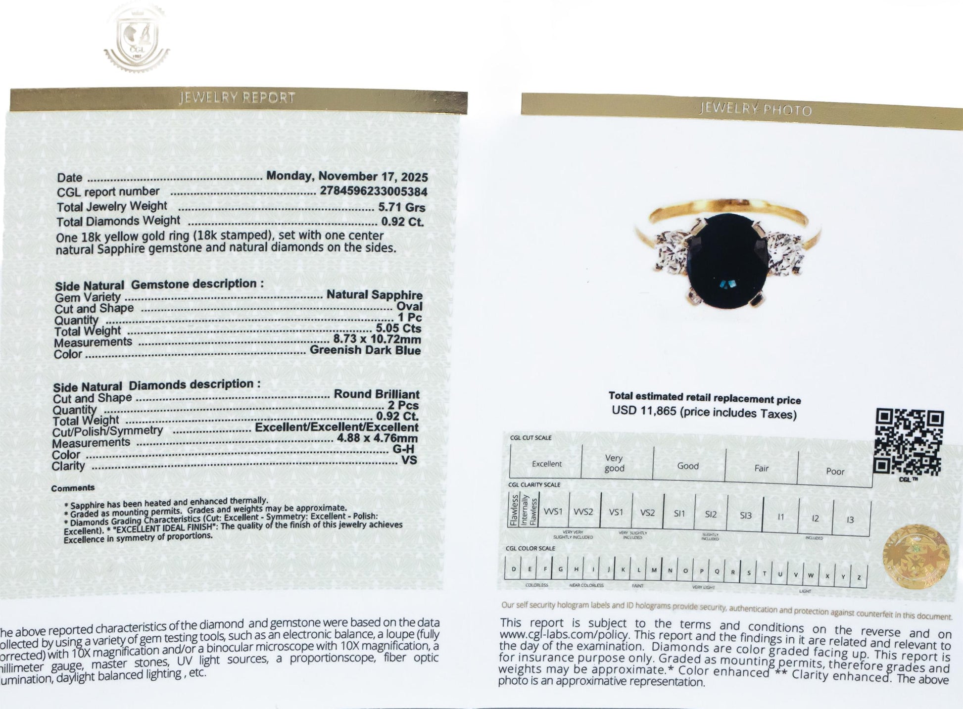 CGL Certified 18k Yellow Gold Oval Sapphire & Round Diamond Ring 5.97CT Size 8