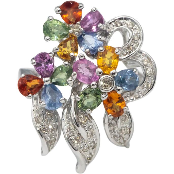 18k White Gold Round Diamond & Rainbow Sapphire Floral Ring 1.50CT Size 7.25