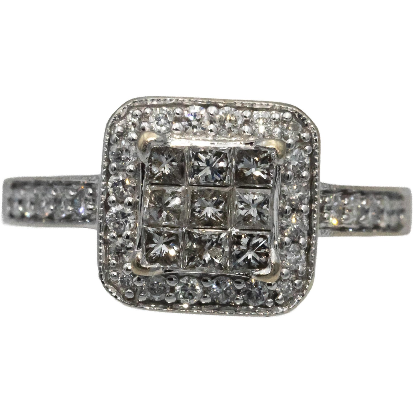 14k White Gold Princess and Round Diamond Cluster Cocktail Ring 0.60CT Size 7