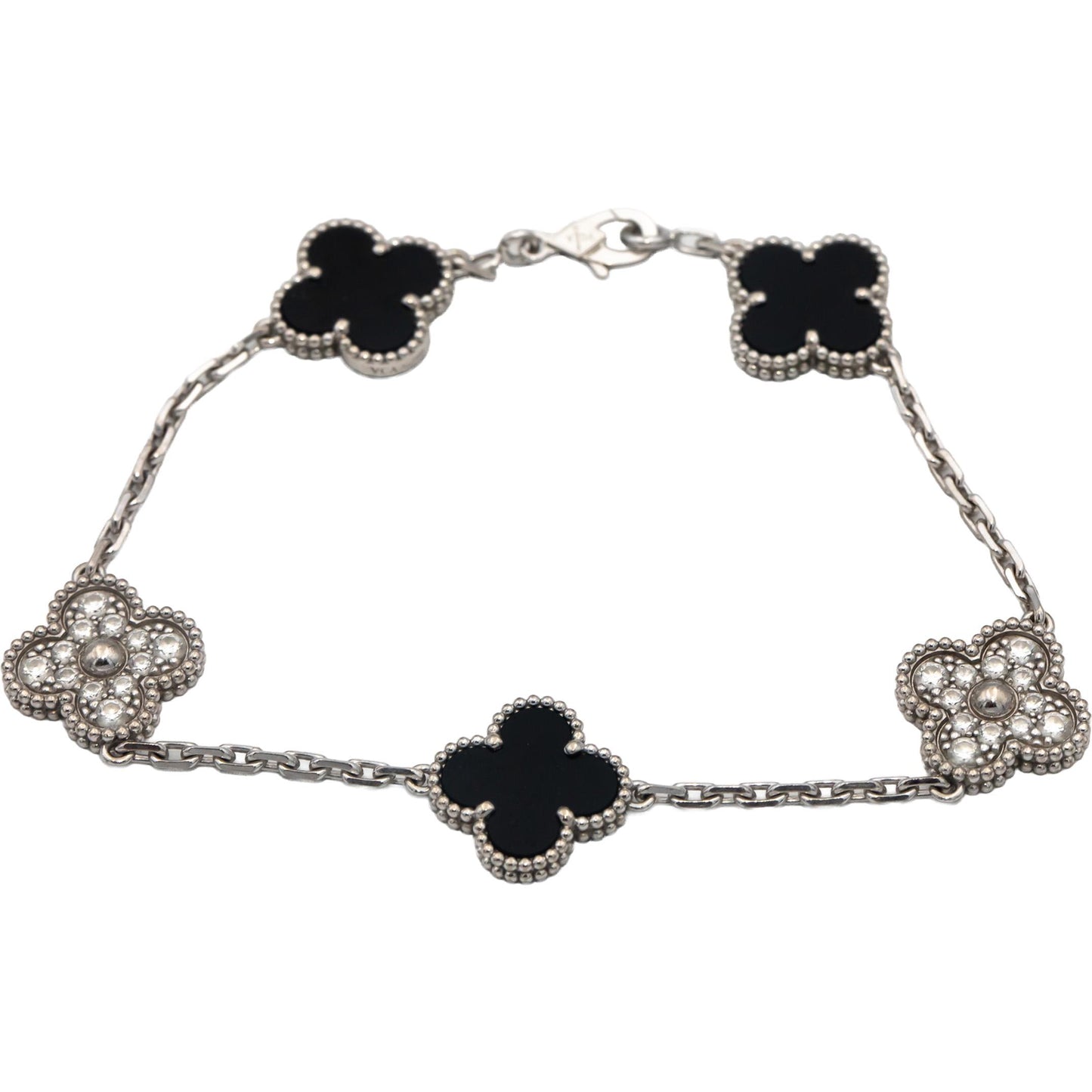 VAN CLEEF & ARPELS 18k White Gold Diamond Onyx Clover Alhambra Bracelet w Papers