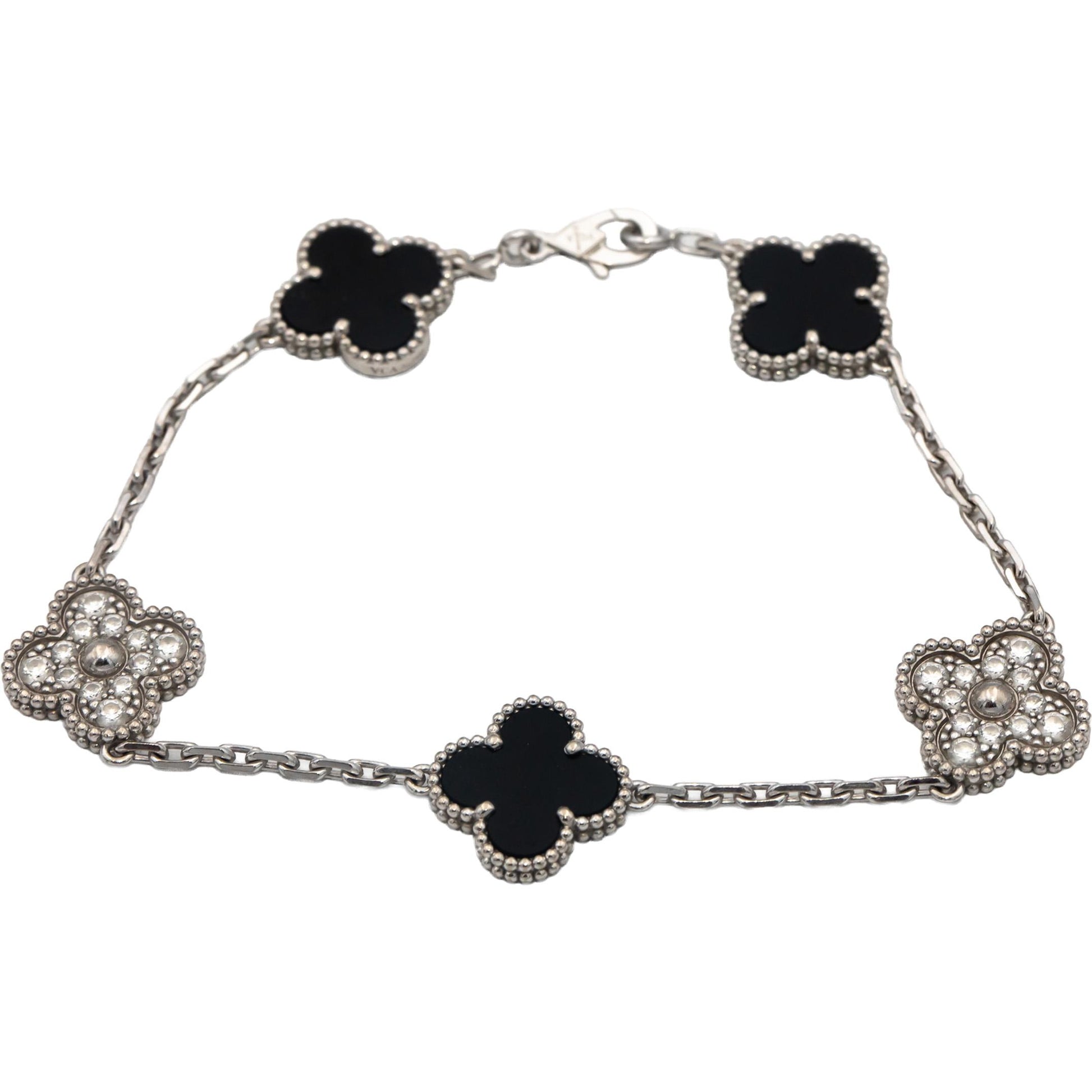 VAN CLEEF & ARPELS 18k White Gold Diamond Onyx Clover Alhambra Bracelet w Papers