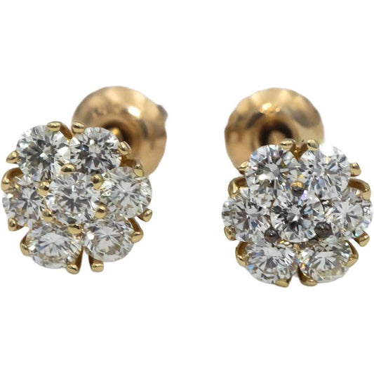 14k Yellow Gold VS Round Diamond Cluster Flower Stud Screw Back Earrings 1.24CT