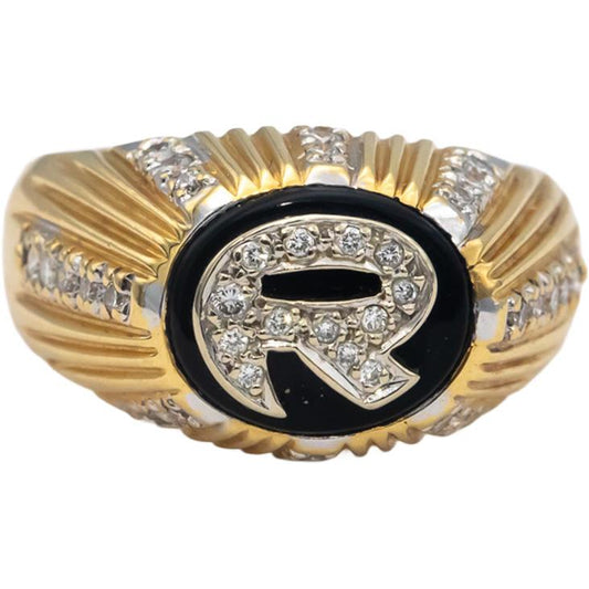 18k Yellow & White Gold VS Round Diamond & Onyx Letter "R" Ring 0.50CT Size 9.25