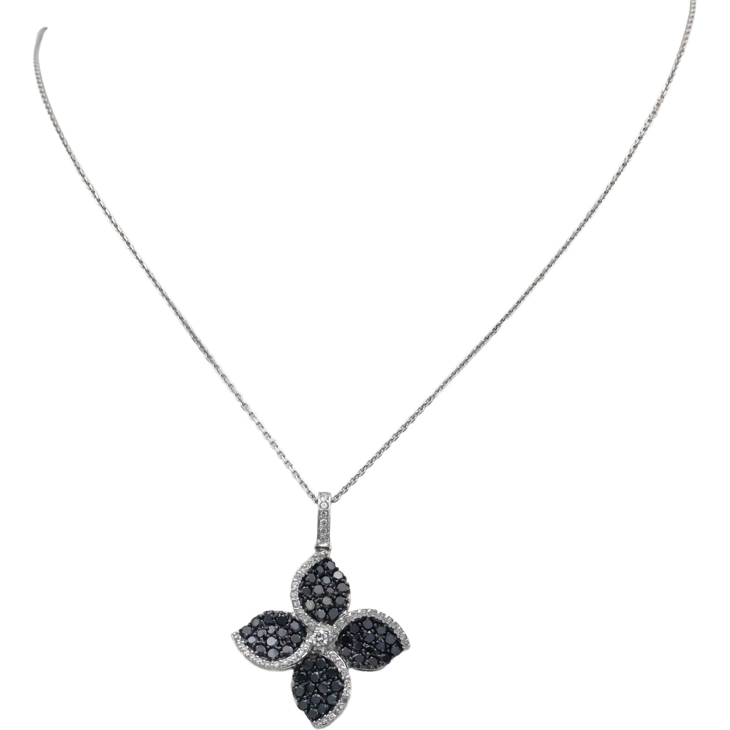 14k White Gold Round White and Black Diamond Cluster Pendant Necklace 1.50CT