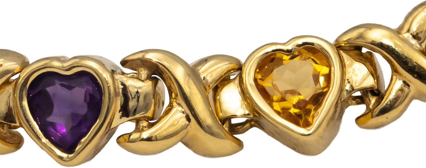 14k Yellow Gold Heart Cut Bezel Set Rainbow Assorted Gemstone Bracelet 7.0CTW